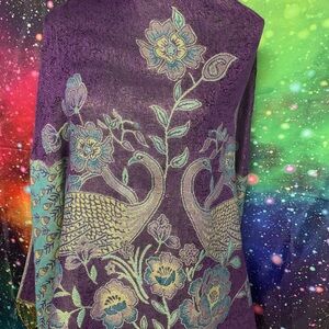 Vibrant Purple Scarf with Peacock Design